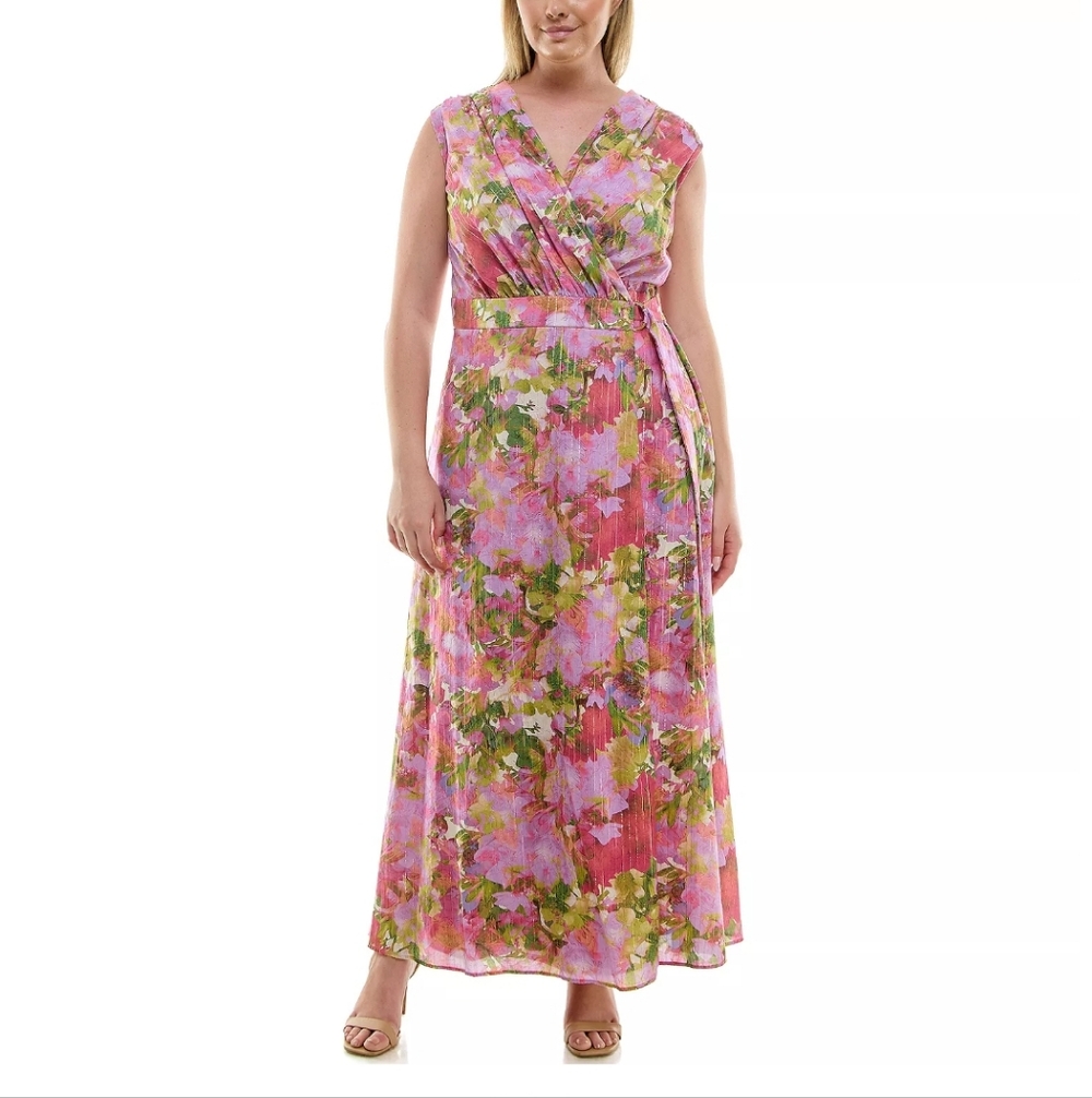 Taylor Floral Print Voile Pleated V-Neck Sleeveless Maxi Wrap Dress Size 8